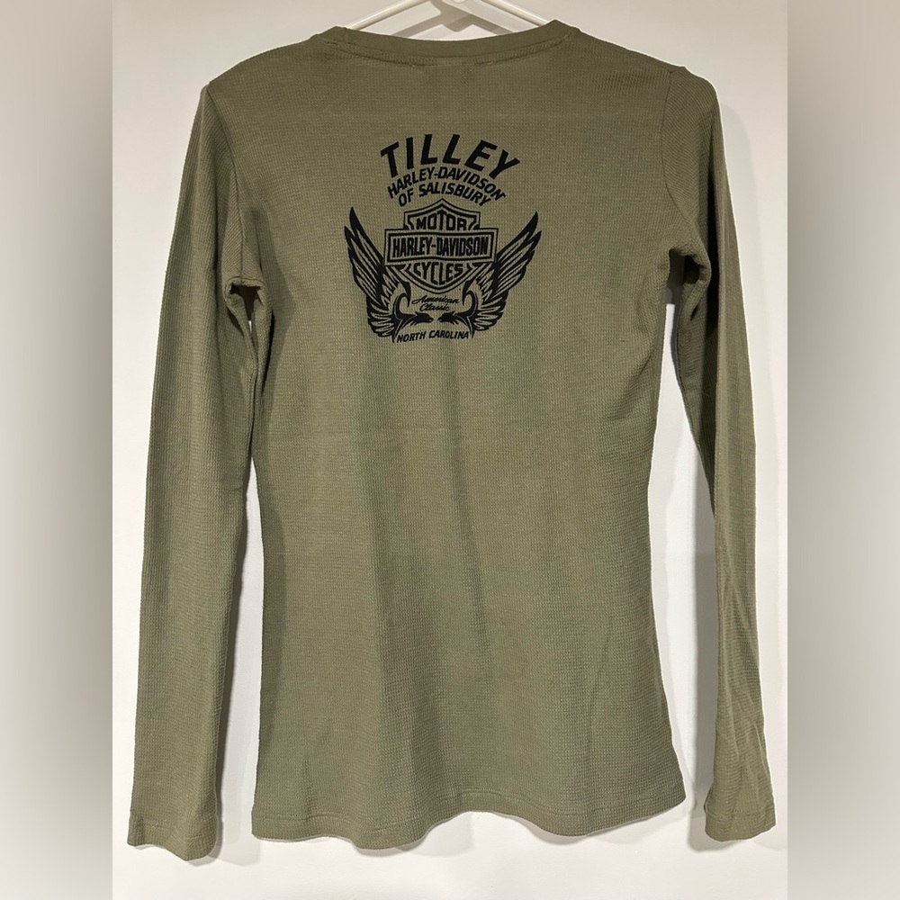 Harley Davidson Long Sleeve Thermal Womens Green Skull Cross Wrench Medium - Picture 3 of 5